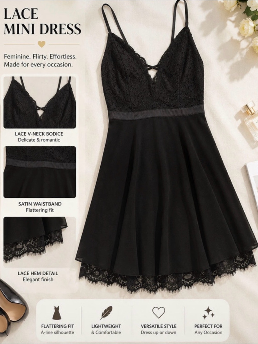 Black Sleep dress V-Neck Mini Dress with Satin Waistband